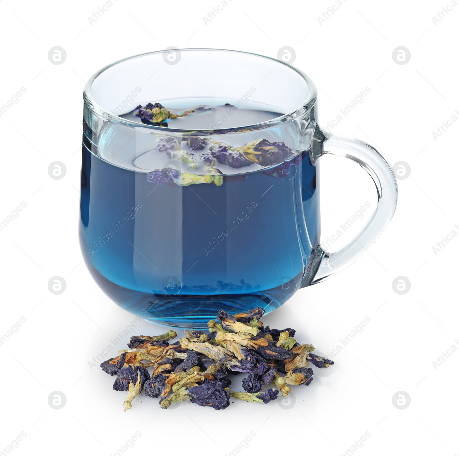 Photo of Fresh butterfly pea flower tea in cup and dry petals isolated on white