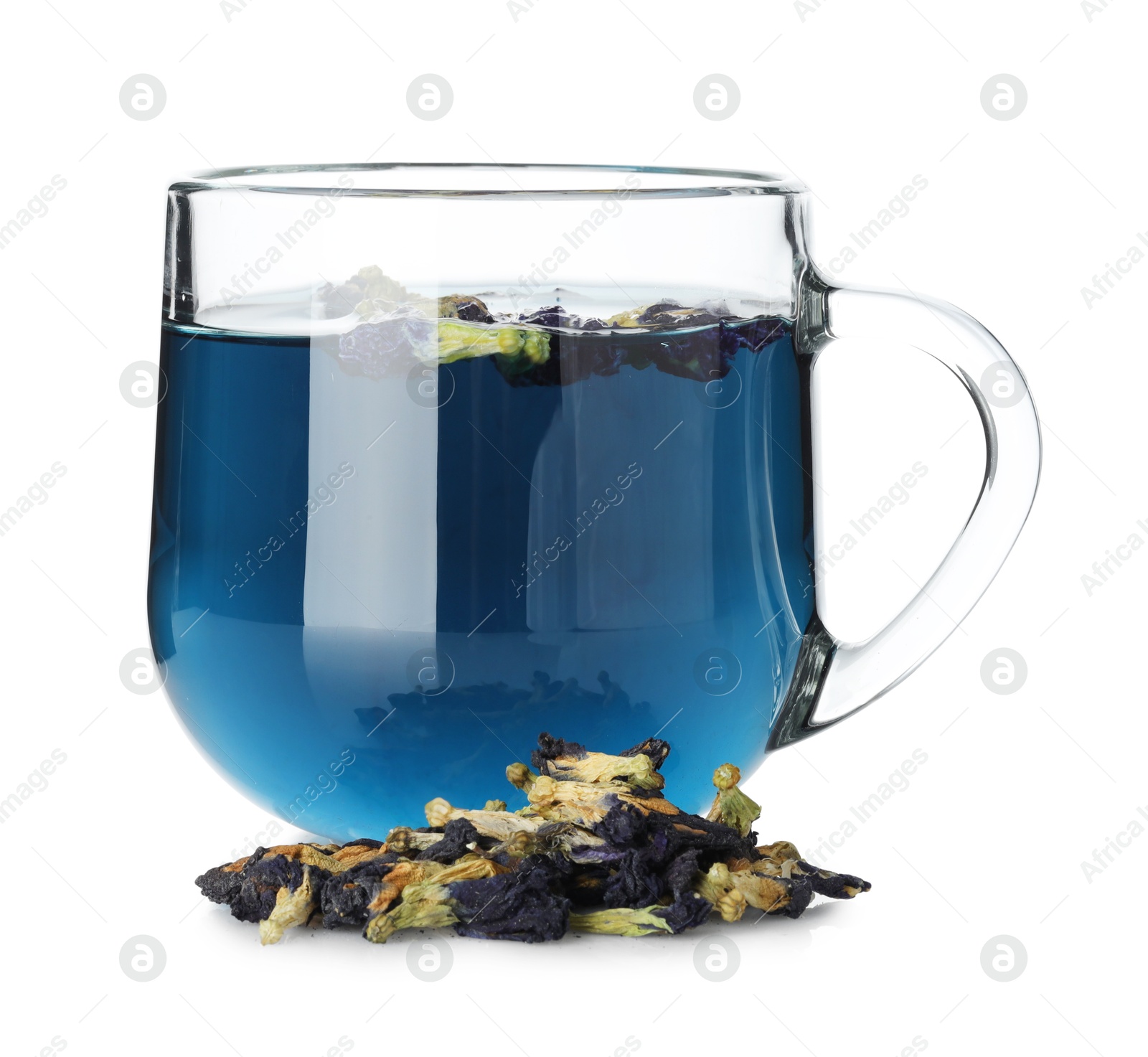 Photo of Fresh butterfly pea flower tea in cup and dry petals isolated on white