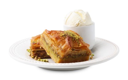 Photo of Delicious baklava with crushed nuts and ice cream isolated on white