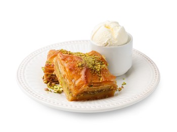 Photo of Delicious baklava with crushed nuts and ice cream isolated on white