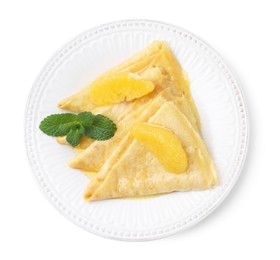 Photo of Delicious Crepes Suzette dessert isolated on white, top view