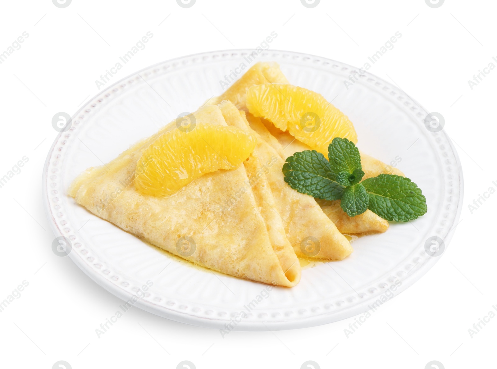 Photo of Delicious Crepes Suzette dessert isolated on white