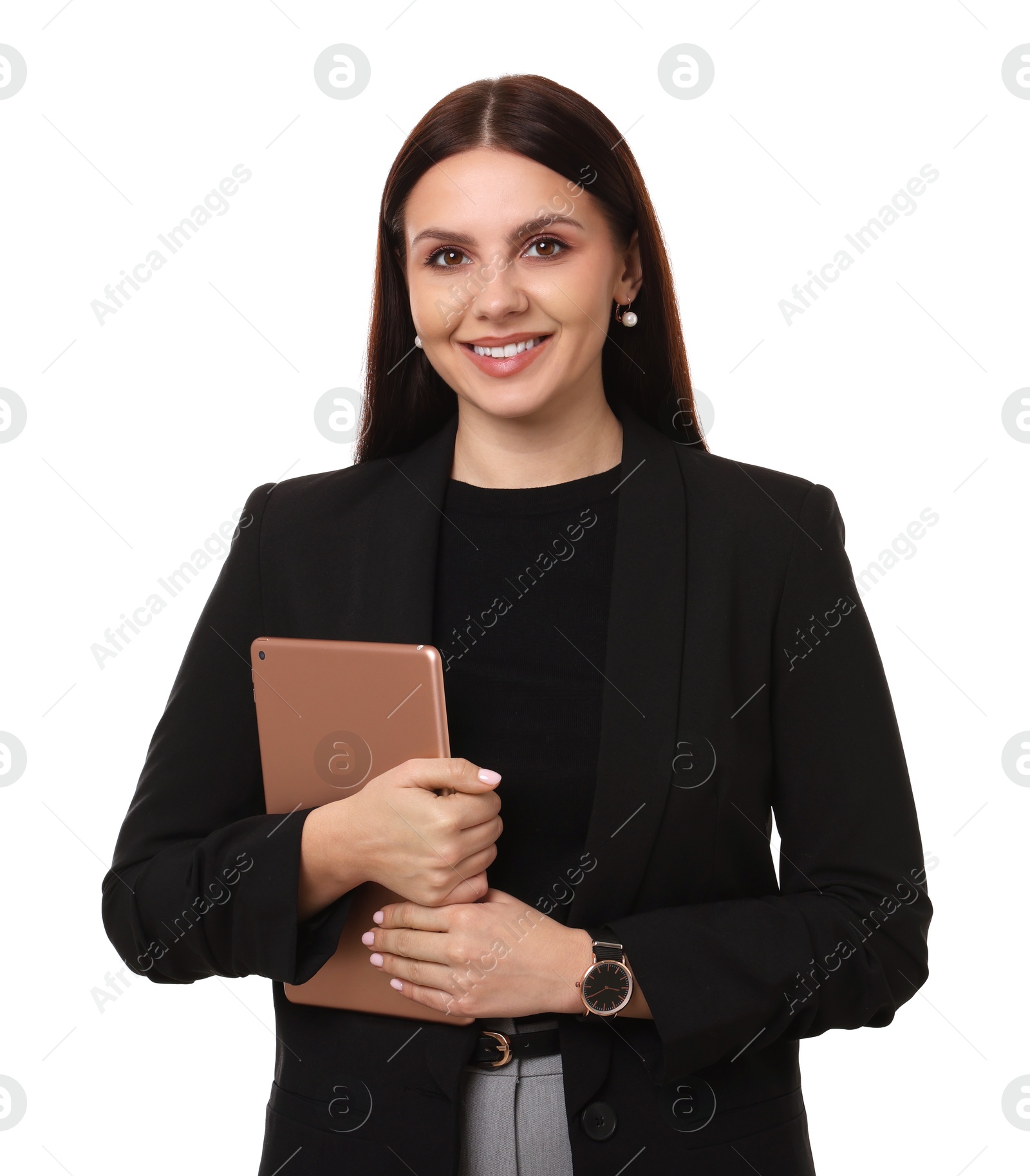 Photo of Portrait of banker with tablet on white background