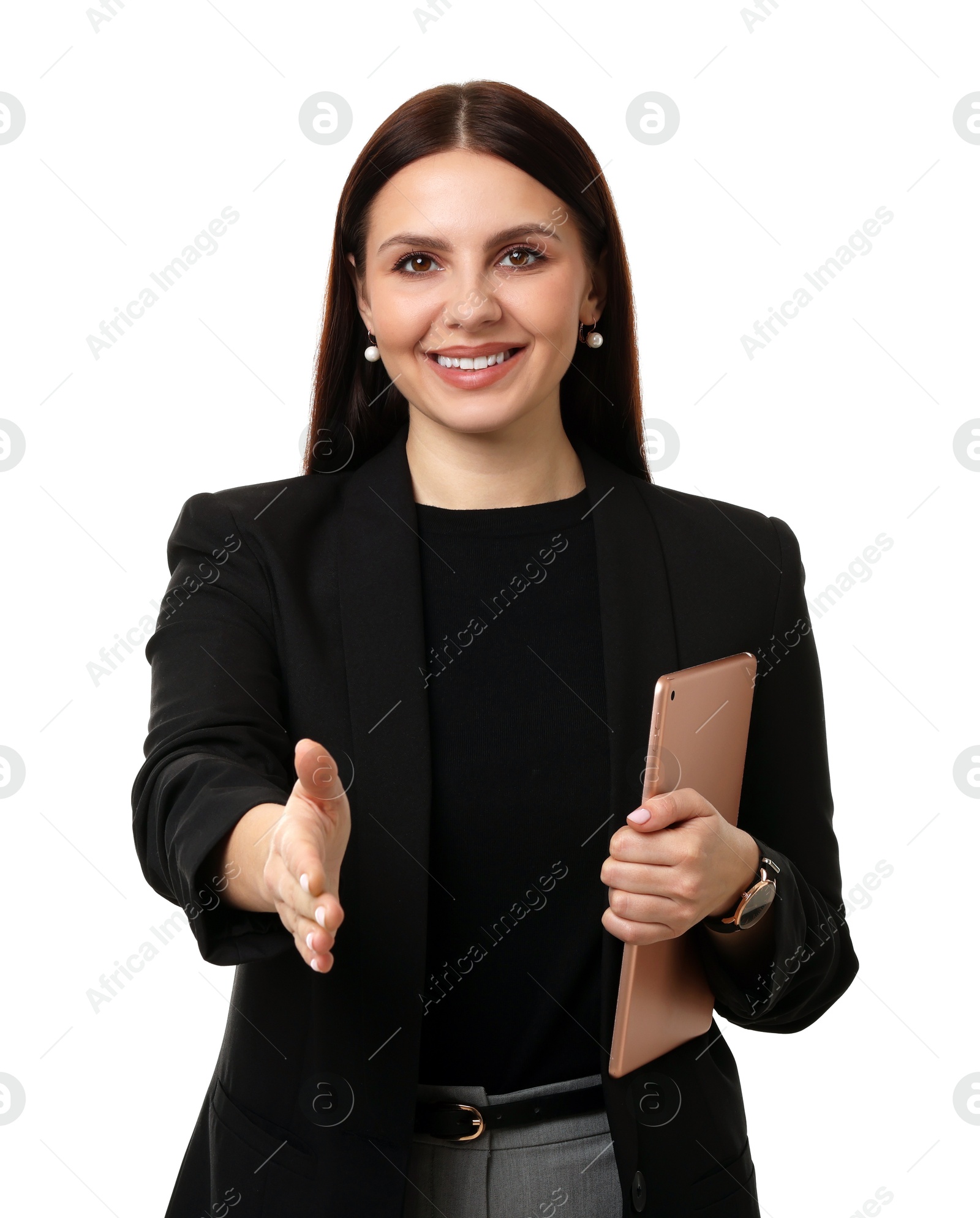 Photo of Portrait of banker with tablet on white background