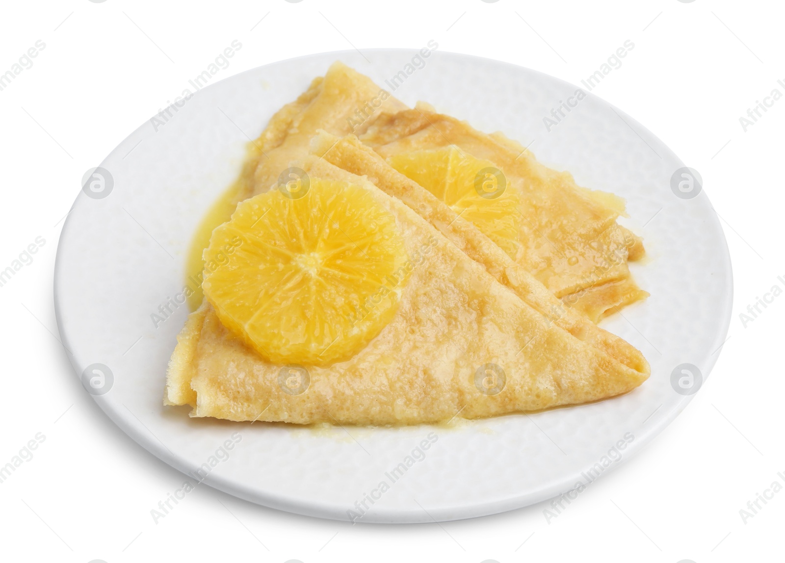 Photo of Delicious Crepes Suzette dessert on white background