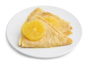 Photo of Delicious Crepes Suzette dessert on white background