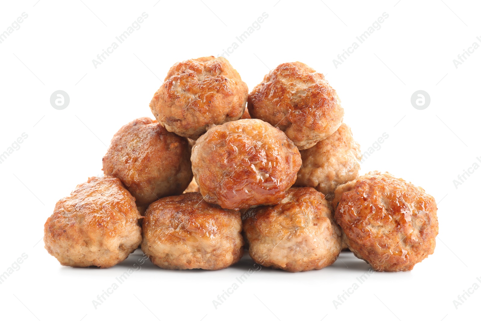 Photo of Group of tasty cooked meatballs isolated on white