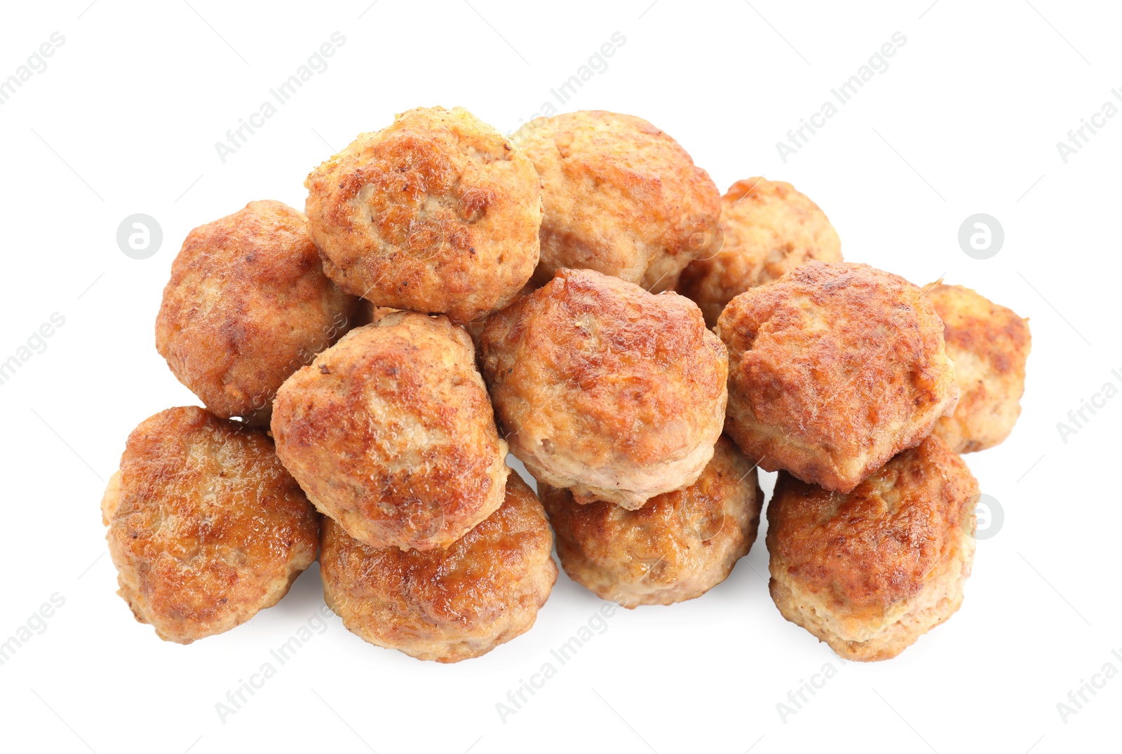 Photo of Group of tasty cooked meatballs isolated on white