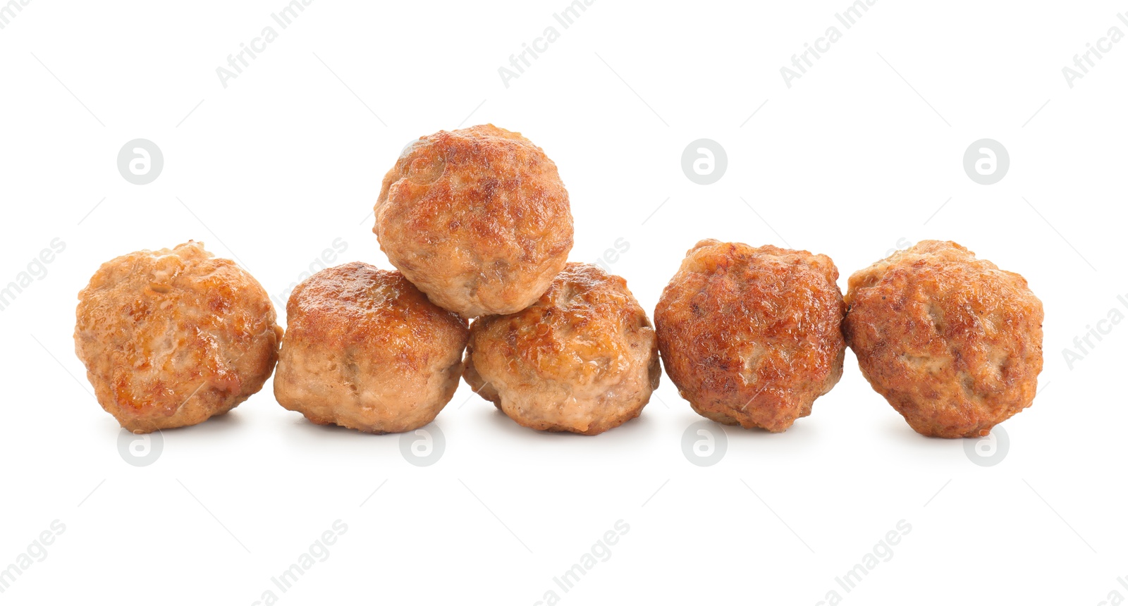 Photo of Group of tasty cooked meatballs isolated on white