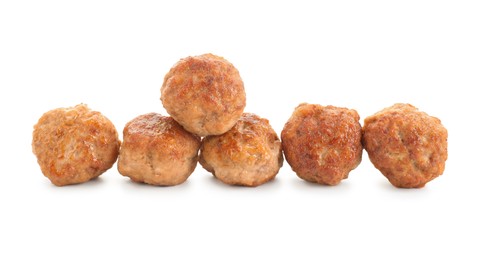 Photo of Group of tasty cooked meatballs isolated on white