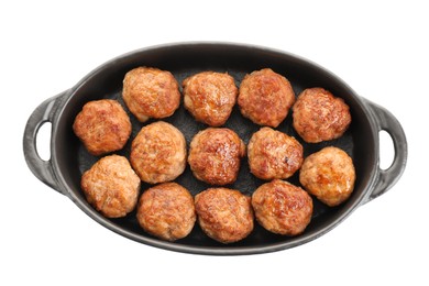 Photo of Tasty meatballs in baking dish isolated on white, top view