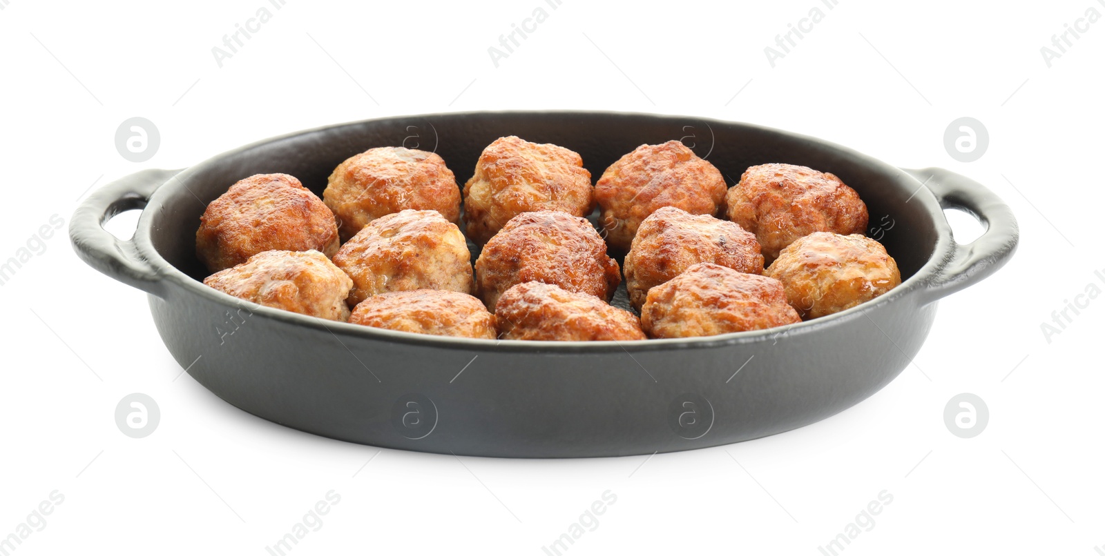 Photo of Tasty meatballs in baking dish isolated on white