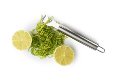 Photo of Lime zest, fresh fruits and zester tool isolated on white, top view