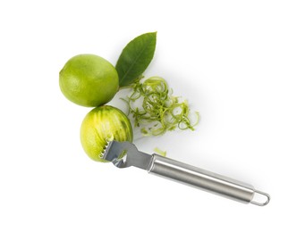 Photo of Lime zest, fresh fruits and zester tool isolated on white, top view