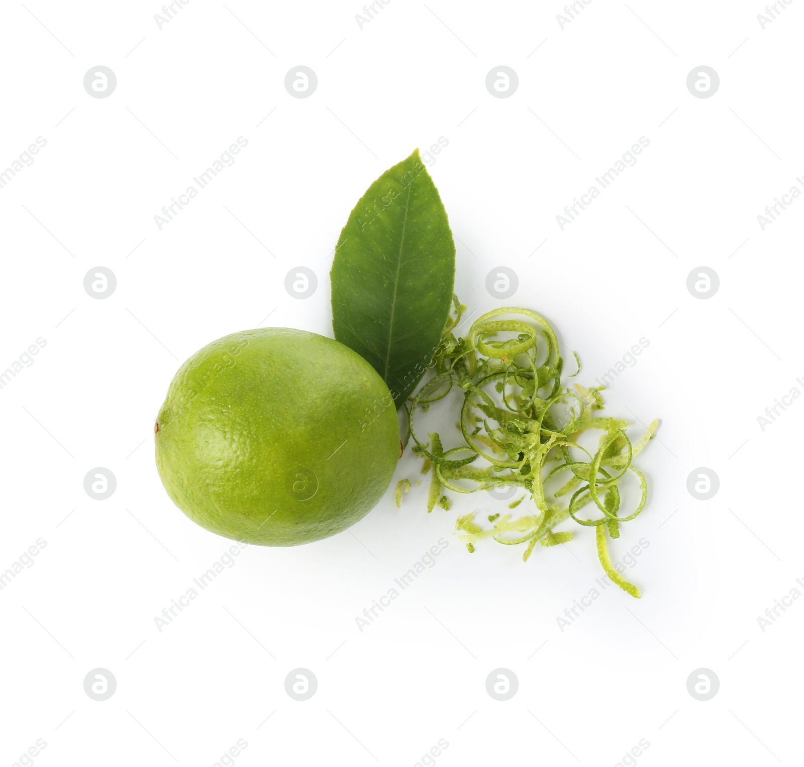 Photo of Lime zest and fresh fruit isolated on white, top view