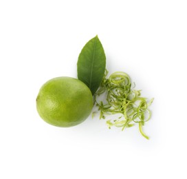 Photo of Lime zest and fresh fruit isolated on white, top view