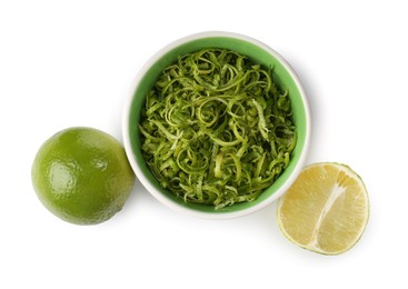 Photo of Lime zest and fresh fruits isolated on white, top view