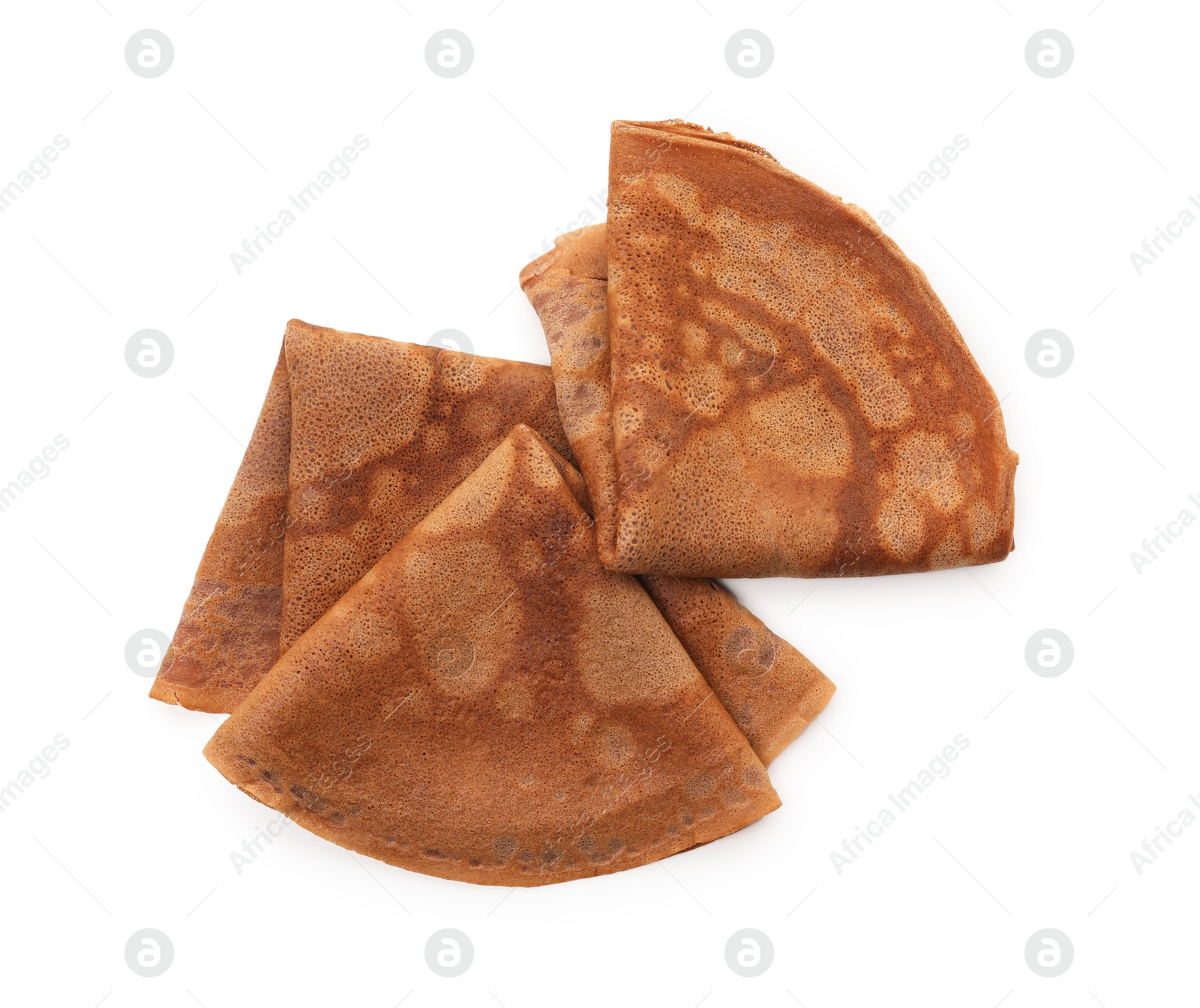 Photo of Delicious chocolate crepes isolated on white, top view