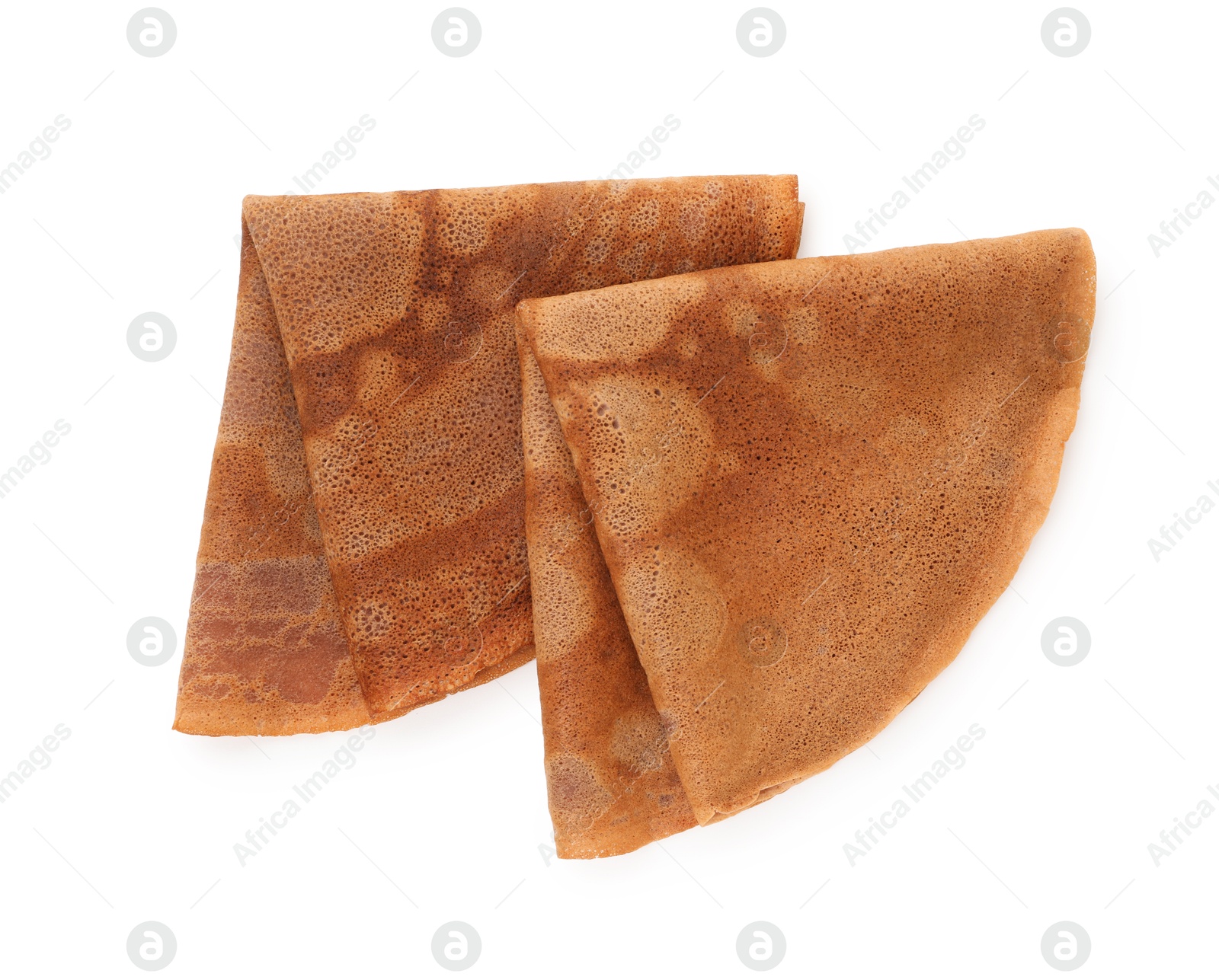 Photo of Delicious chocolate crepes isolated on white, top view