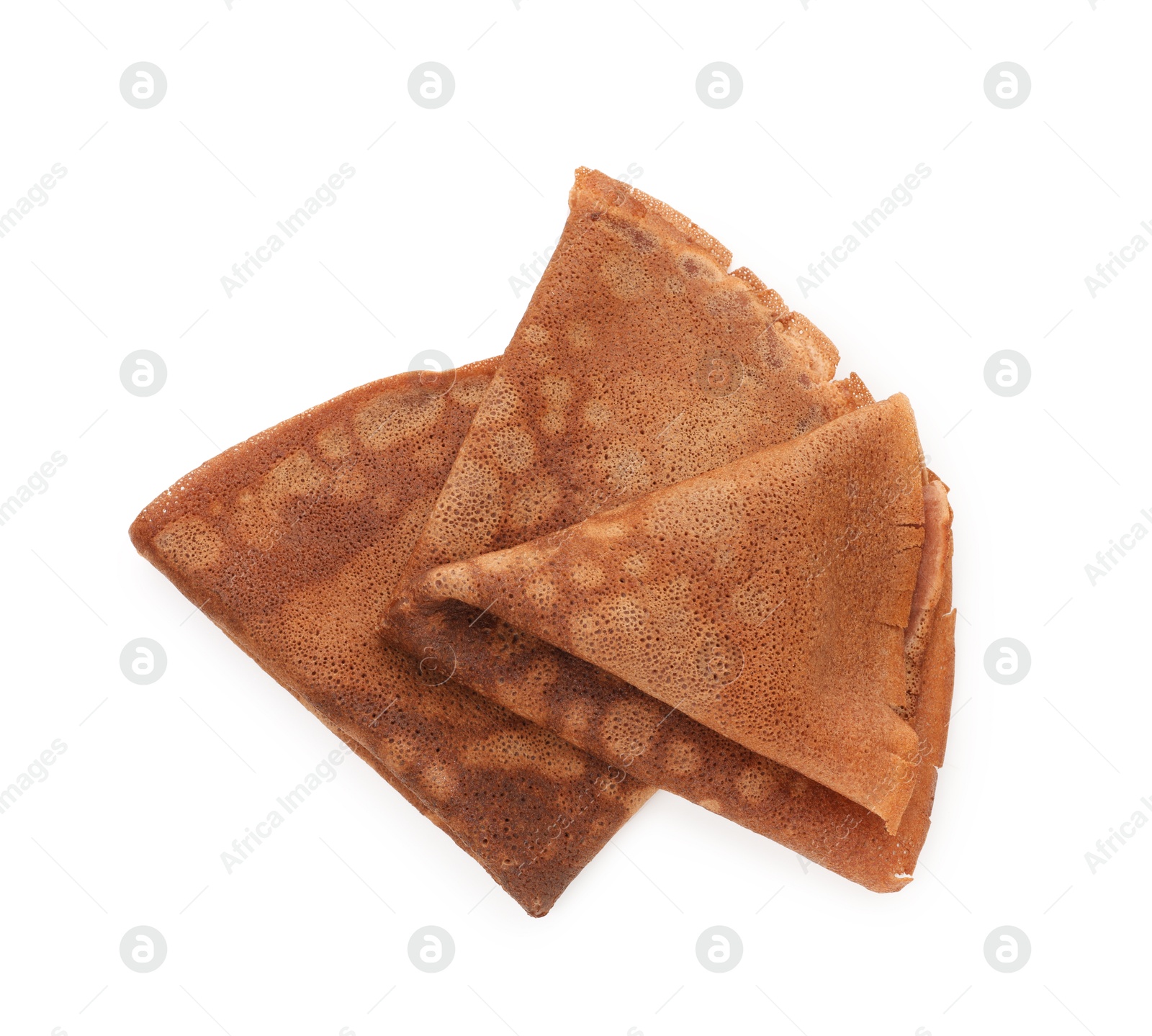 Photo of Delicious chocolate crepes isolated on white, top view