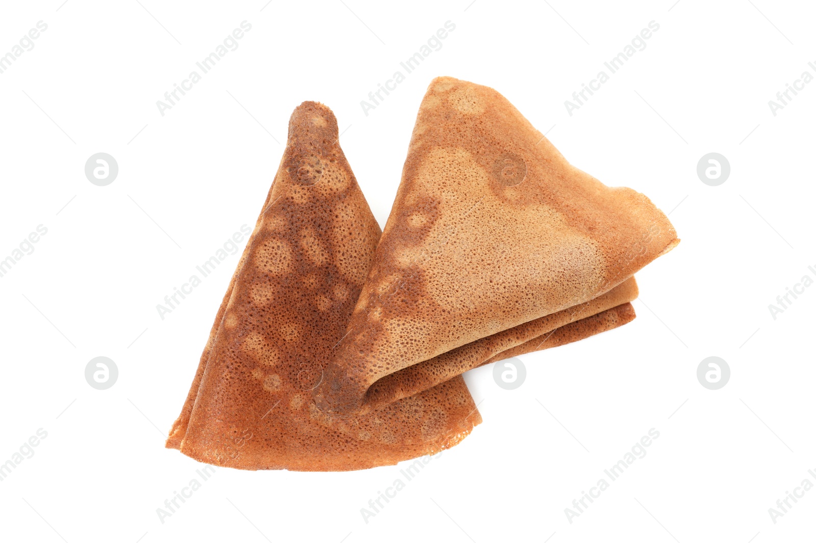 Photo of Delicious chocolate crepes isolated on white, top view