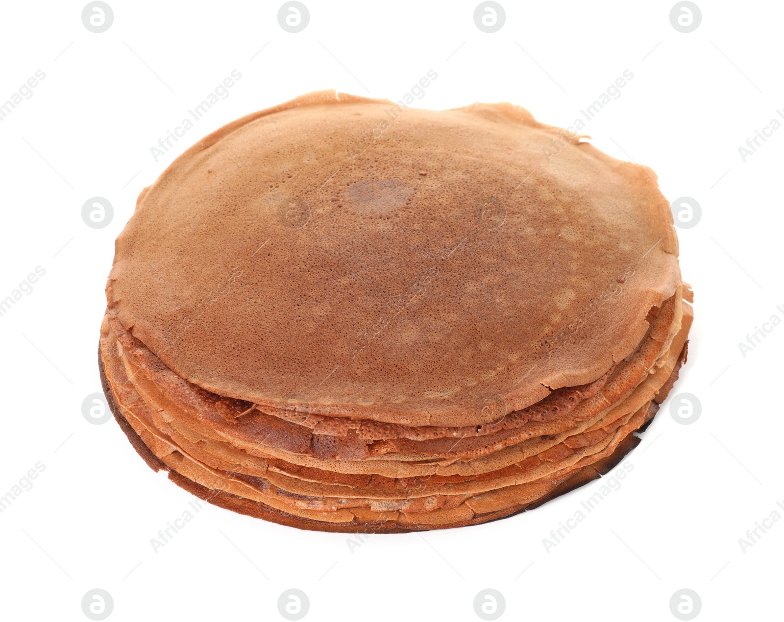 Photo of Stack of delicious chocolate crepes isolated on white