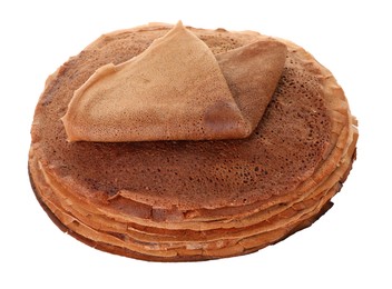 Photo of Stack of delicious chocolate crepes isolated on white