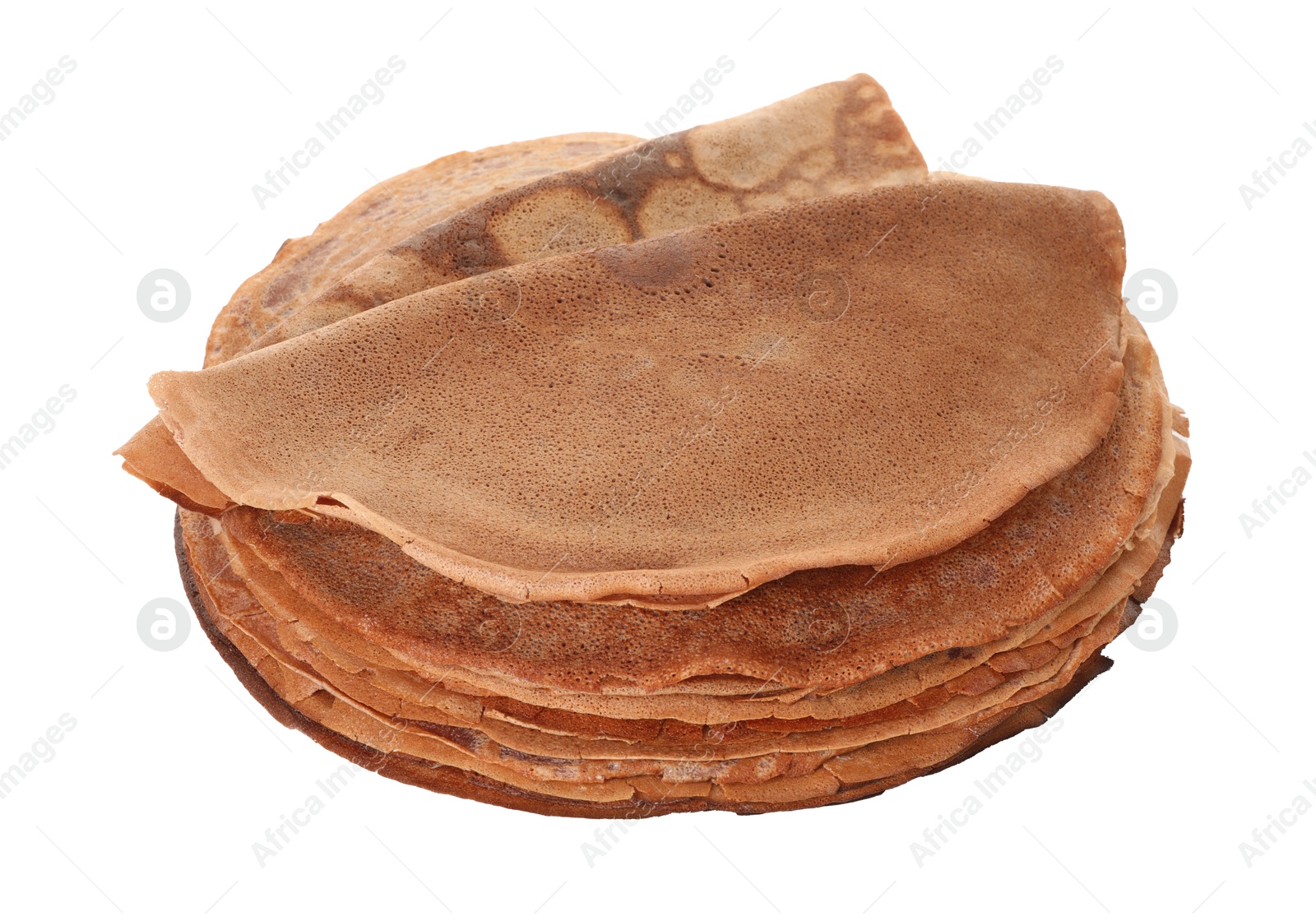 Photo of Stack of delicious chocolate crepes isolated on white