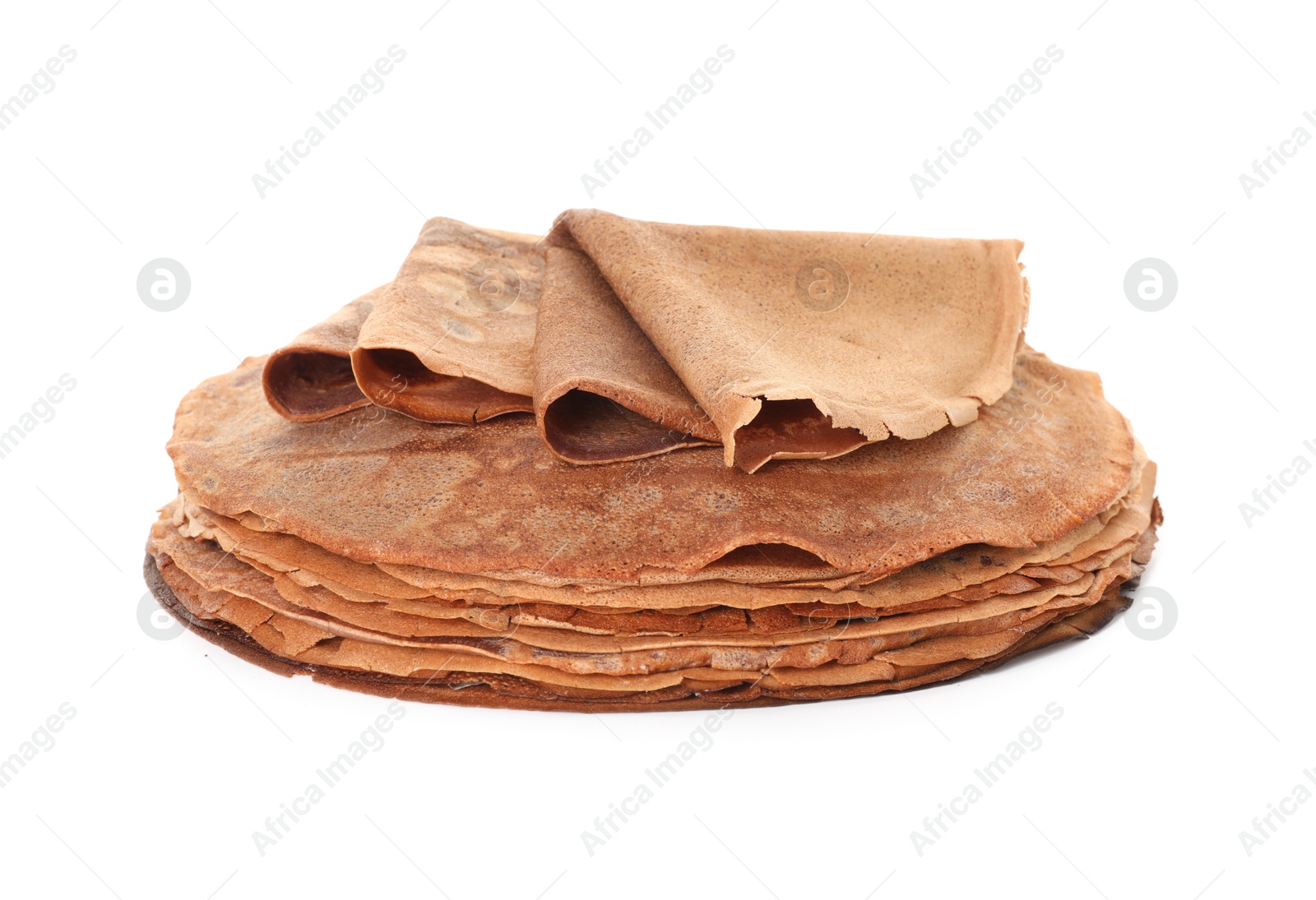 Photo of Stack of delicious chocolate crepes isolated on white