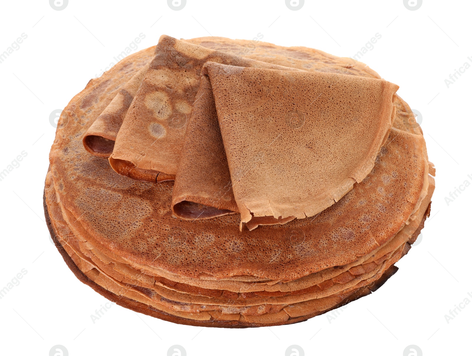 Photo of Stack of delicious chocolate crepes isolated on white