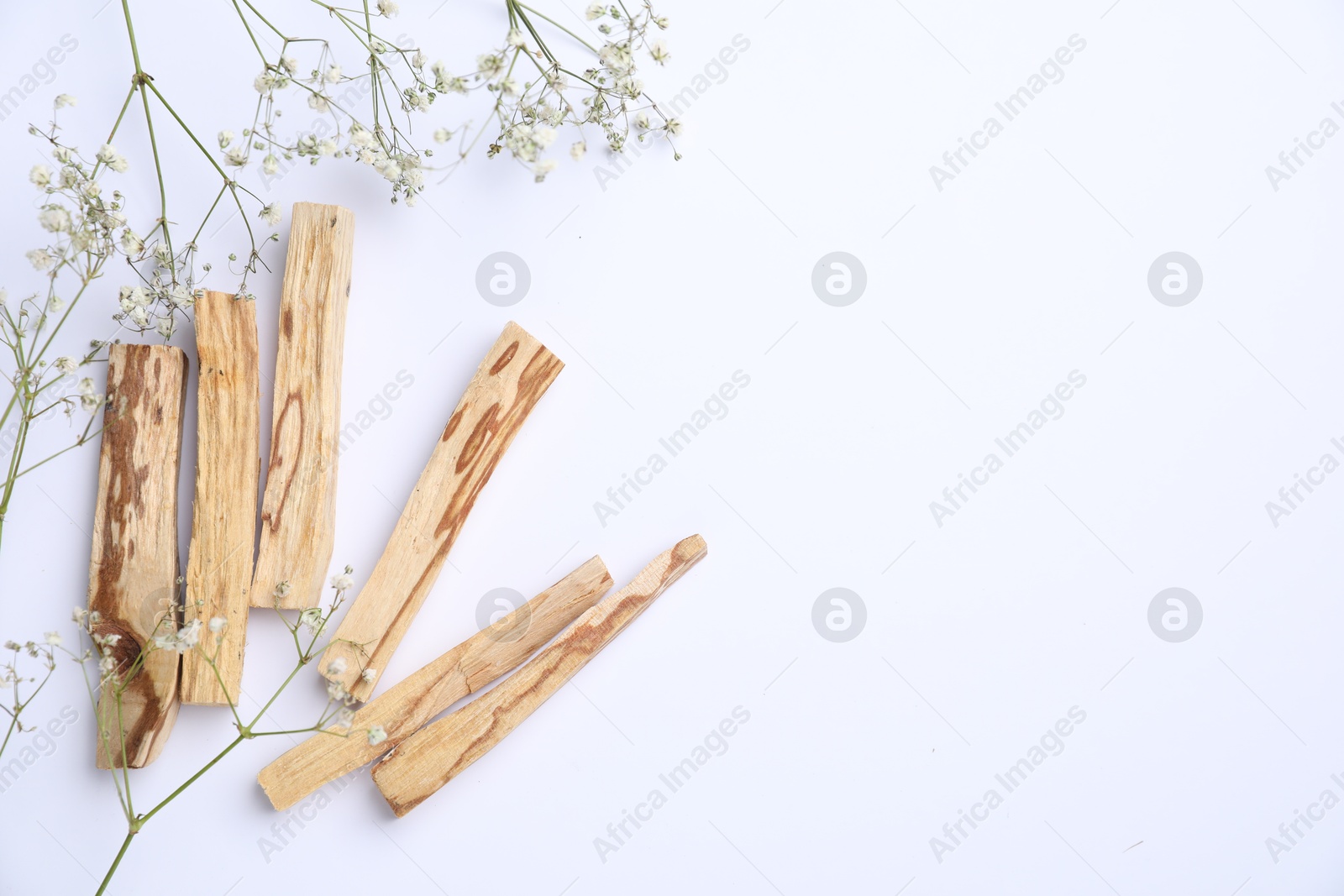 Photo of Palo santo sticks and gypsophila flowers on white background, flat lay. Space for text