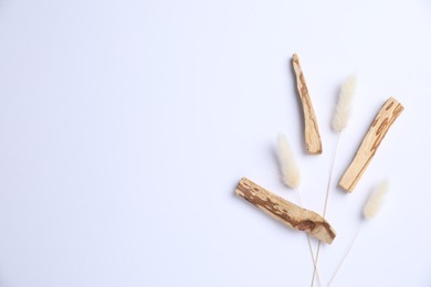 Photo of Palo santo sticks and dry spikes on white background, flat lay. Space for text