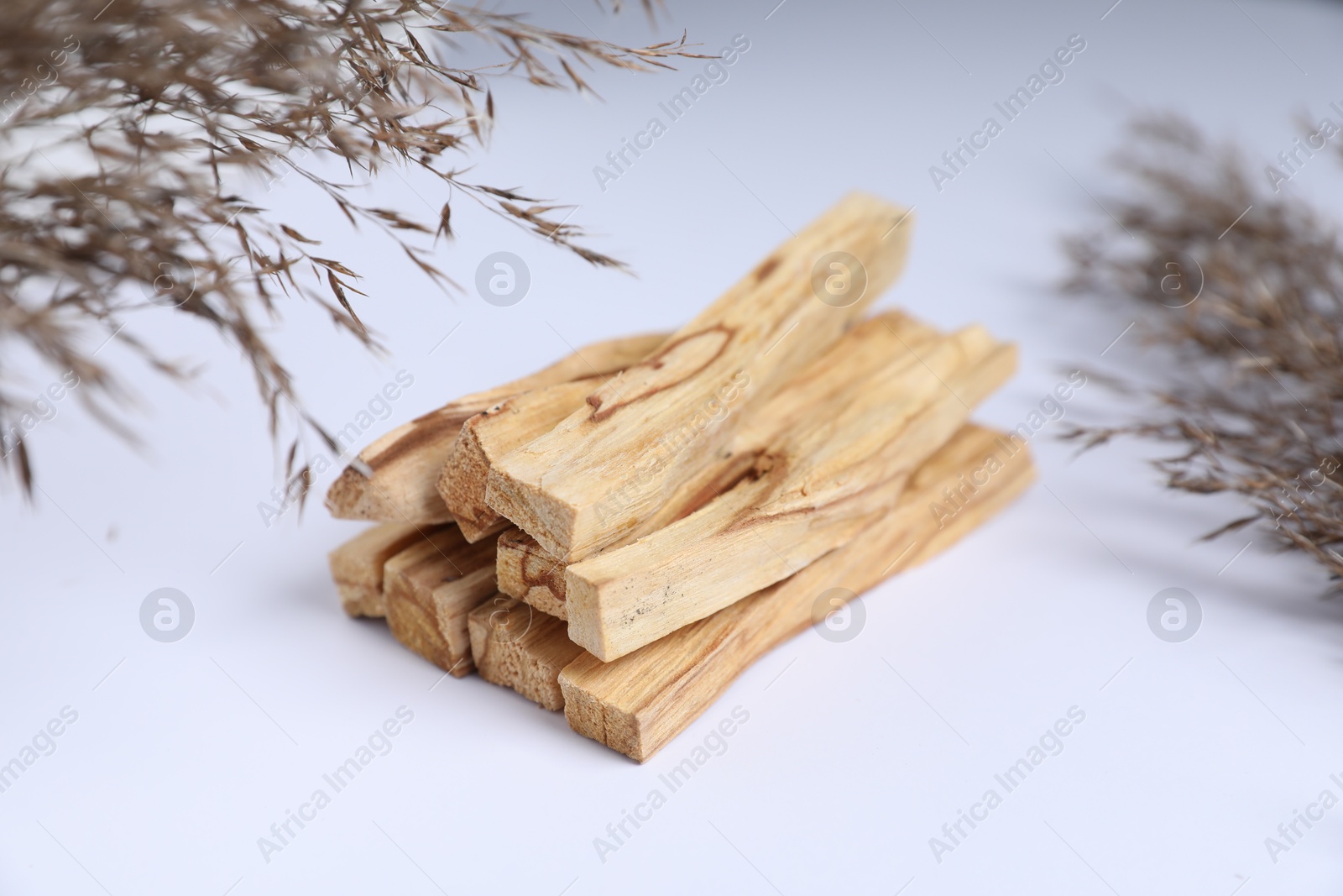 Photo of Palo santo sticks and dried reed on white background, closeup