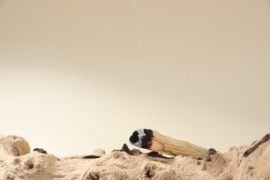 Photo of Smoldering palo santo stick and snag on beige background, closeup. Space for text