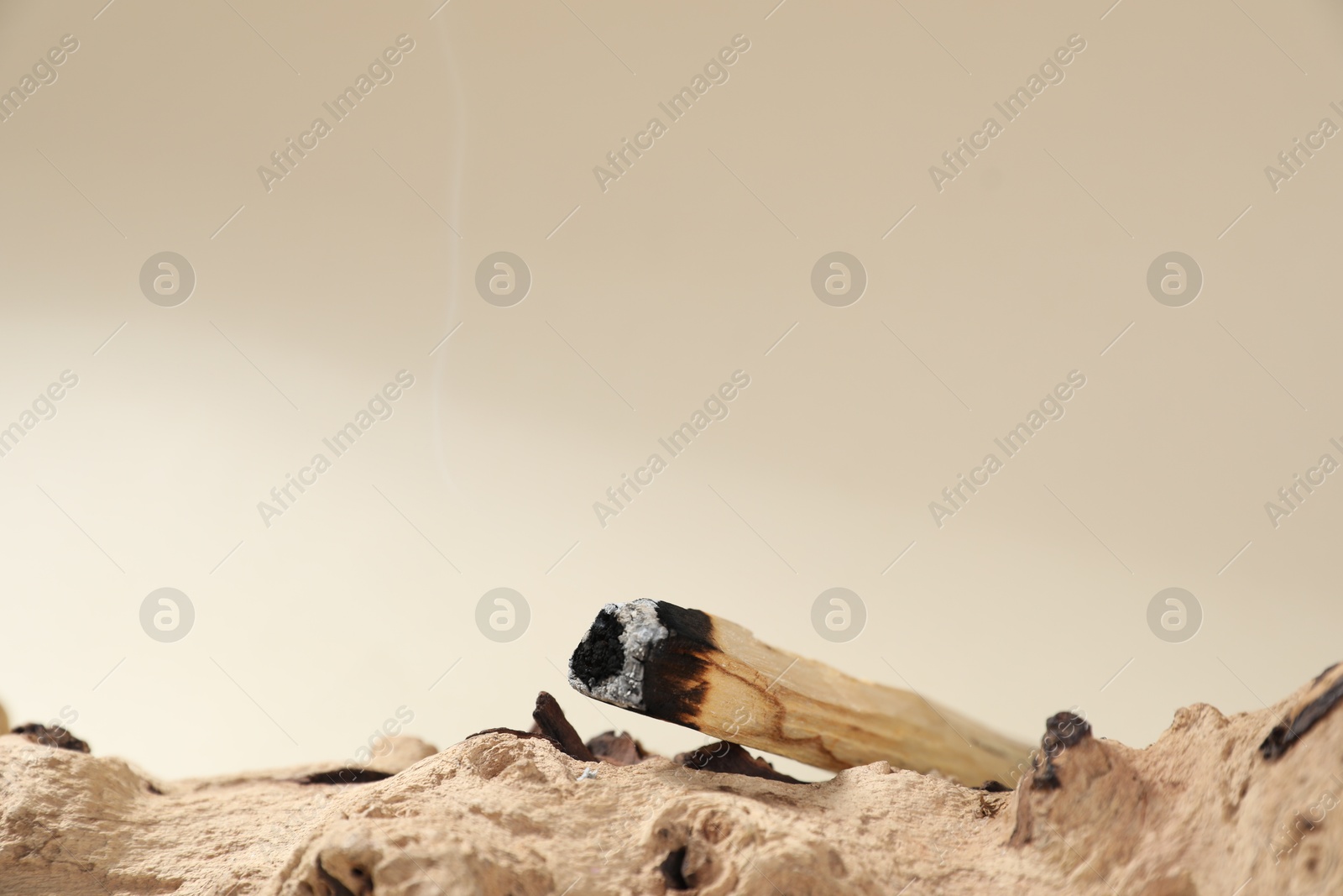 Photo of Smoldering palo santo stick and snag on beige background, closeup. Space for text