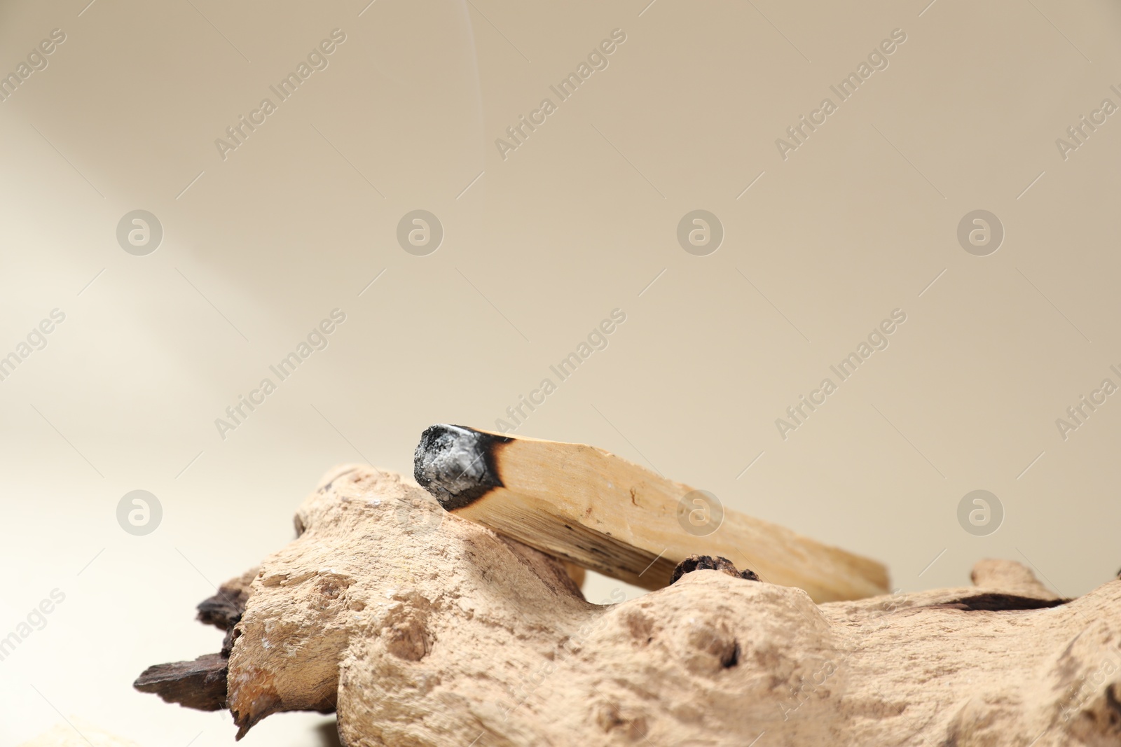 Photo of Smoldering palo santo stick and snag on beige background, closeup. Space for text