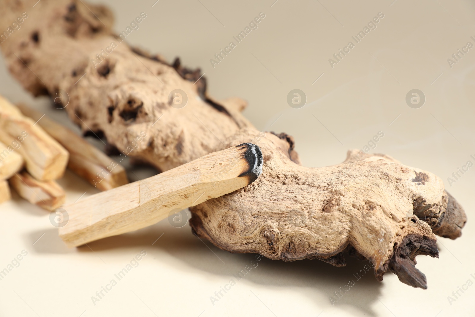 Photo of Smoldering palo santo stick and snag on beige background, closeup