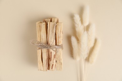 Photo of Bunch of palo santo sticks and dry spikes on beige background, flat lay