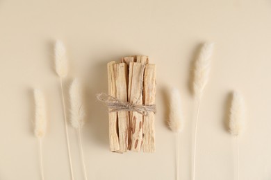 Photo of Bunch of palo santo sticks and dry spikes on beige background, flat lay