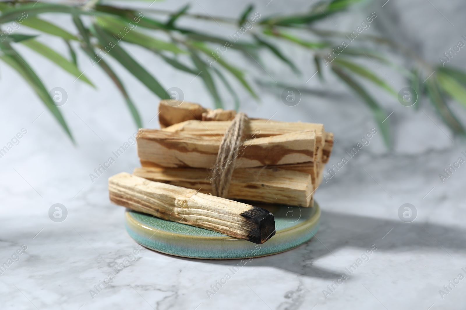 Photo of Palo santo sticks, burnt one and green branch on white marble table, closeup