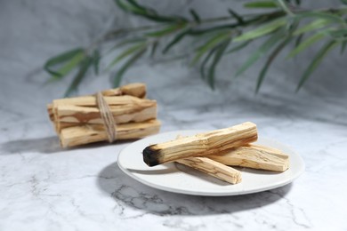 Photo of Palo santo sticks, burnt one and green branch on white marble table, closeup