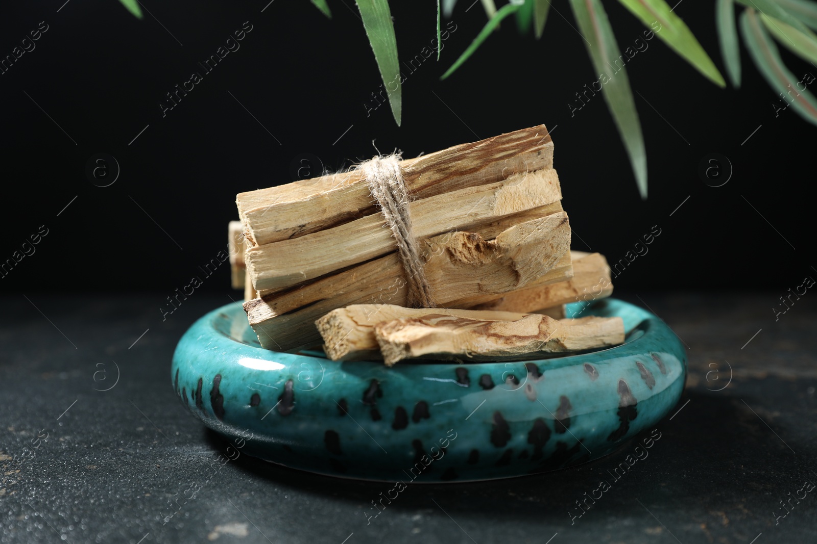 Photo of Bunch of palo santo sticks on dark table and green branch against black background, closeup