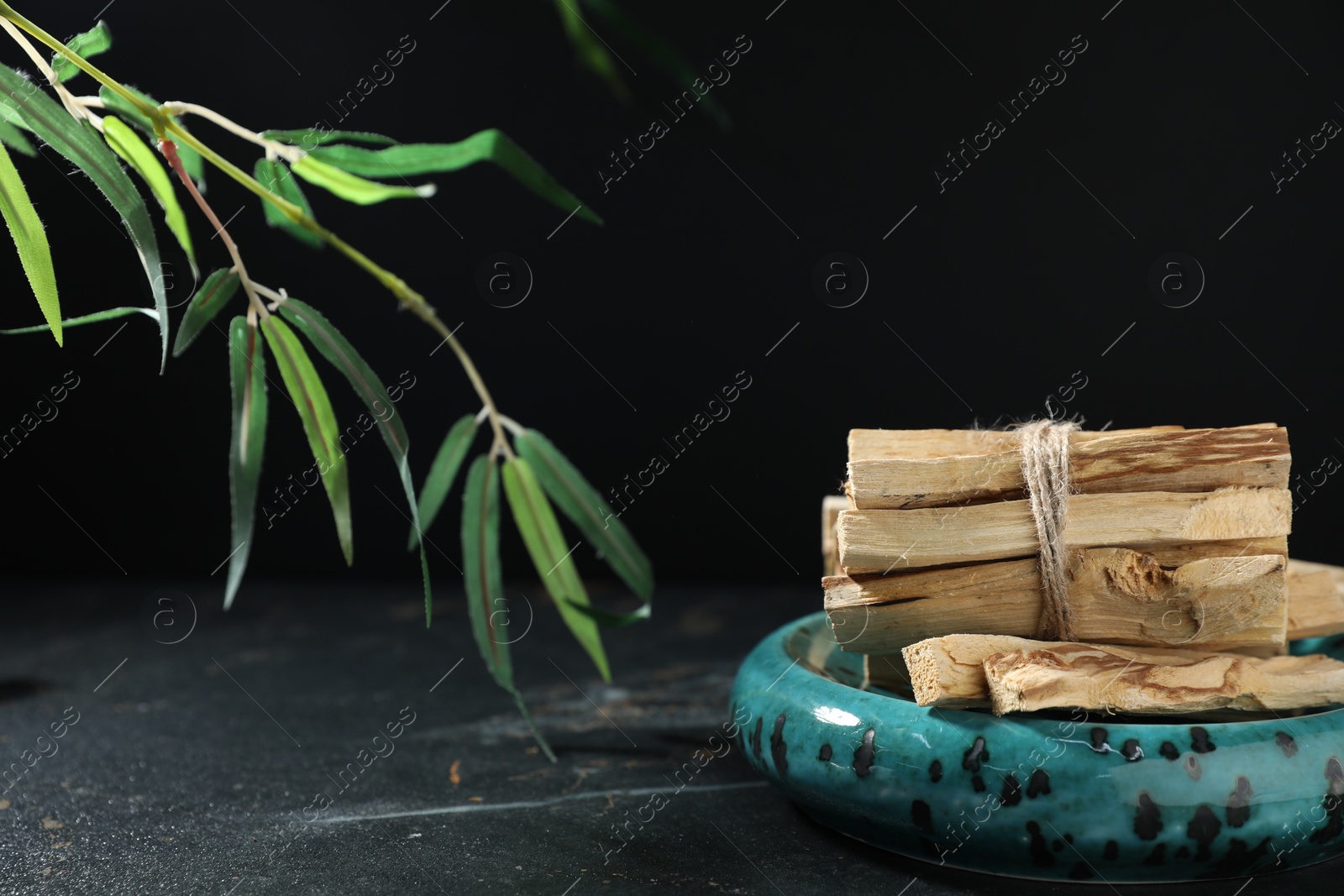 Photo of Bunch of palo santo sticks on dark table and green branch against black background, closeup