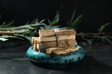 Photo of Bunch of palo santo sticks and green branch on dark table, closeup