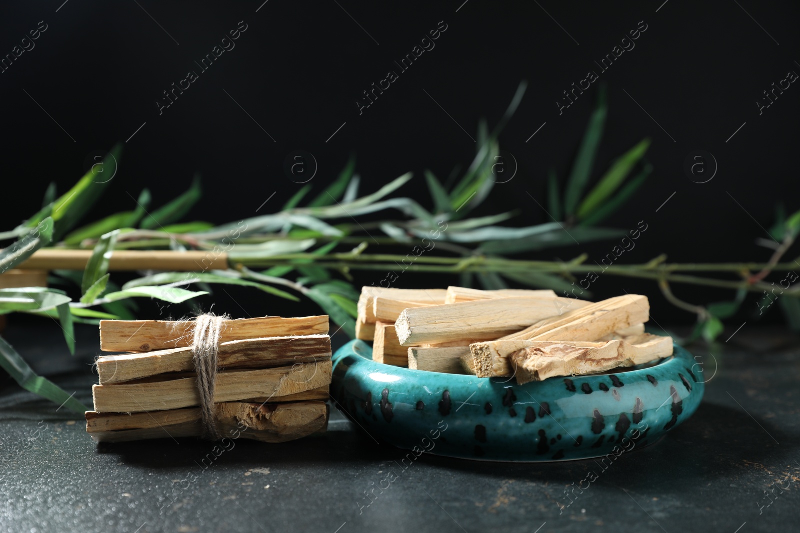 Photo of Palo santo sticks and green branch on dark table, closeup