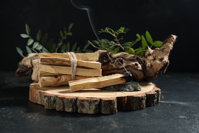 Photo of Smoldering palo santo stick, gemstone, snag and green branch on dark table, closeup