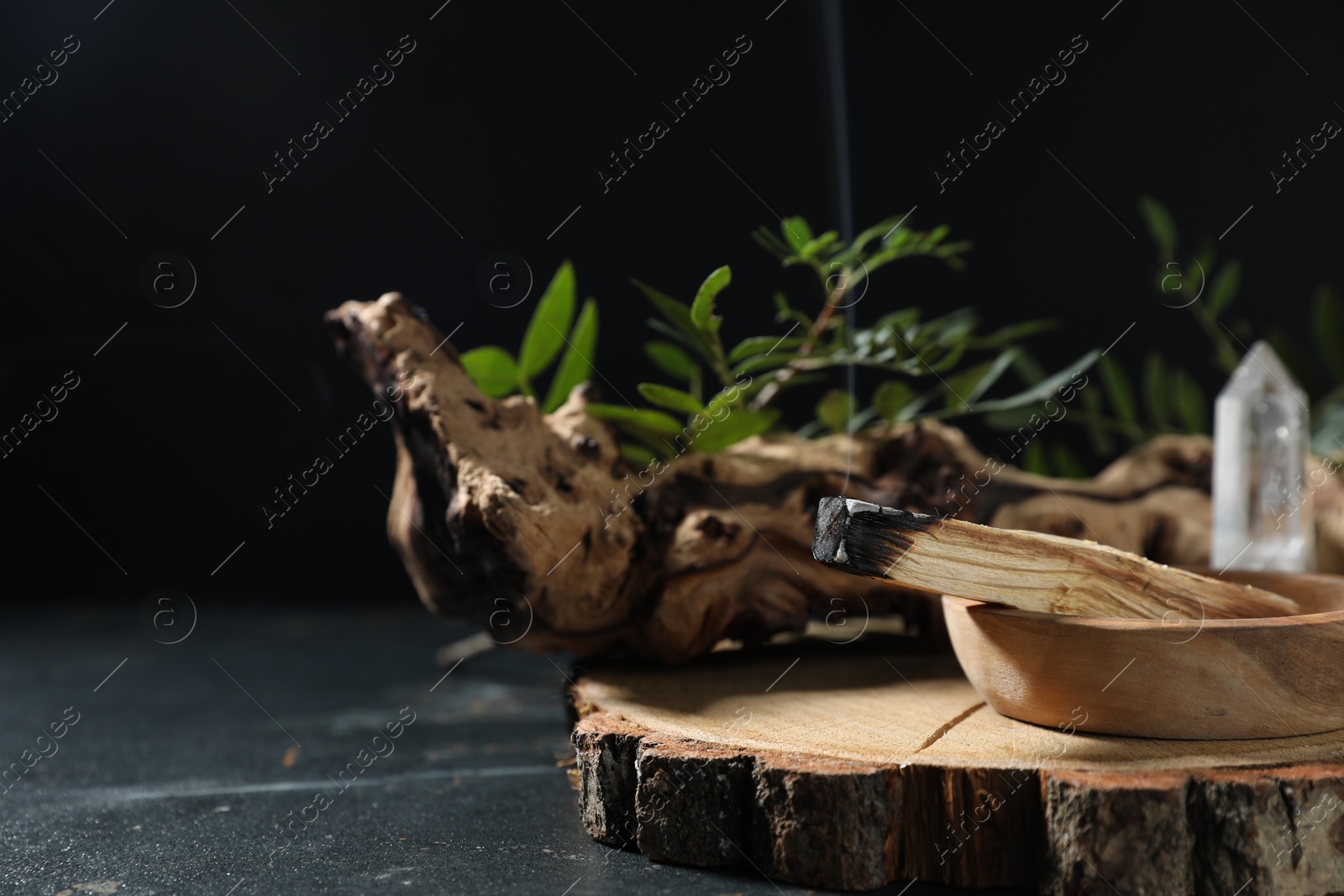 Photo of Smoldering palo santo stick, gemstone, snag and green branch on dark table, closeup. Space for text