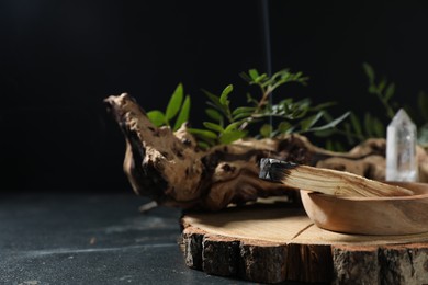 Photo of Smoldering palo santo stick, gemstone, snag and green branch on dark table, closeup. Space for text