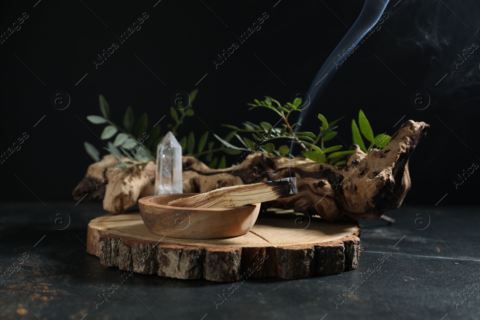 Photo of Smoldering palo santo stick, gemstone, snag and green branch on dark table