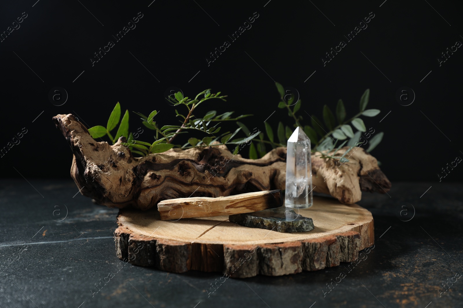 Photo of Burnt palo santo stick, gemstones, snag and green branch on dark table